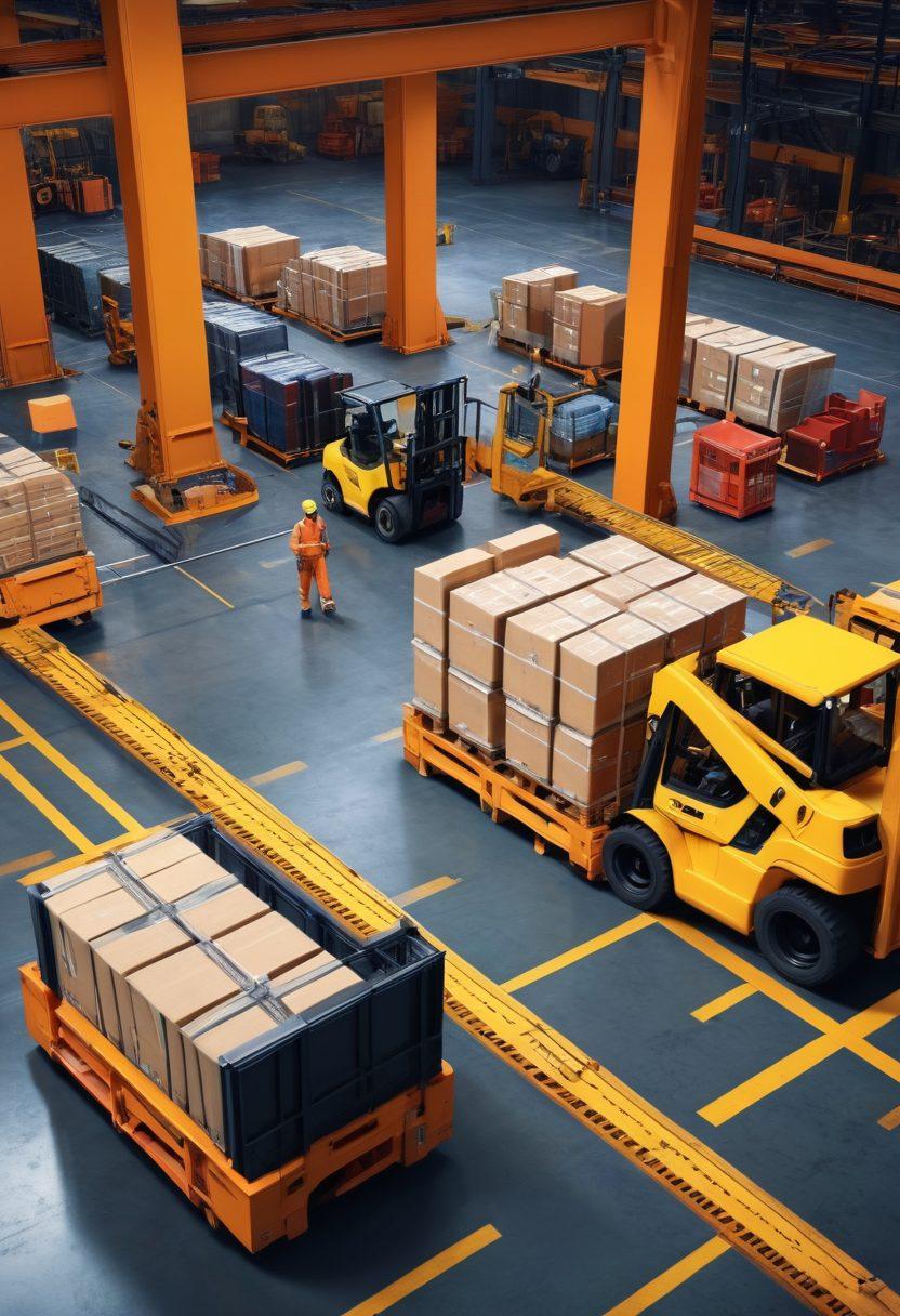 An informative scene set in a modern industrial environment showcasing various equipment like forklifts and conveyor belts. Include diverse workers collaborating, analyzing equipment specs, and problem-solving together. Surround the scene with visual graphs or icons representing technology and innovation. Aim for a futuristic aura that hints at progress and efficiency. hyper-realistic. vibrant colors. industrial setting.
