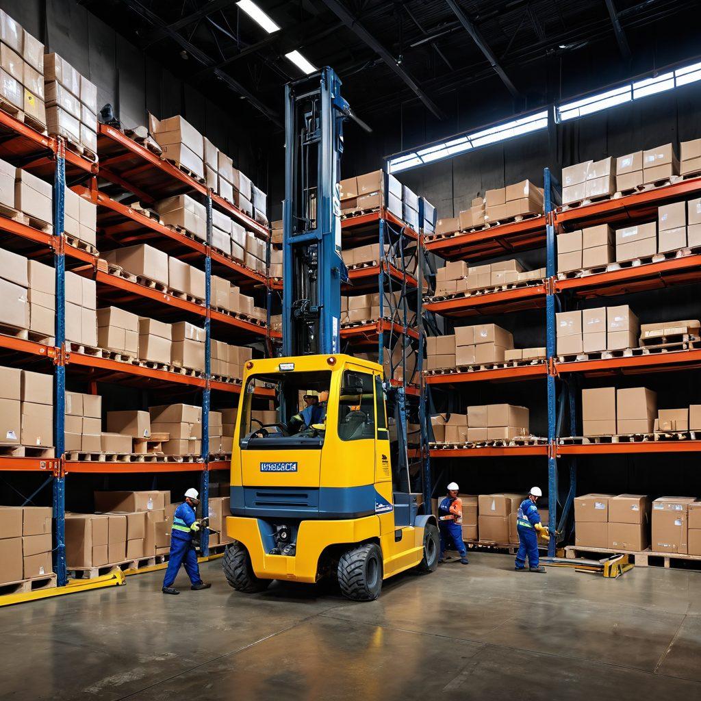 A dynamic warehouse scene depicting a diverse team of workers safely using Mohawk lifts to handle heavy materials. Showcases modern industrial equipment and safety gear, with a focus on teamwork and efficiency. Include vibrant colors to highlight the machinery and materials, conveying a sense of motion and productivity. Ensure a backdrop of a well-organized facility. super-realistic. vibrant colors. high detail.