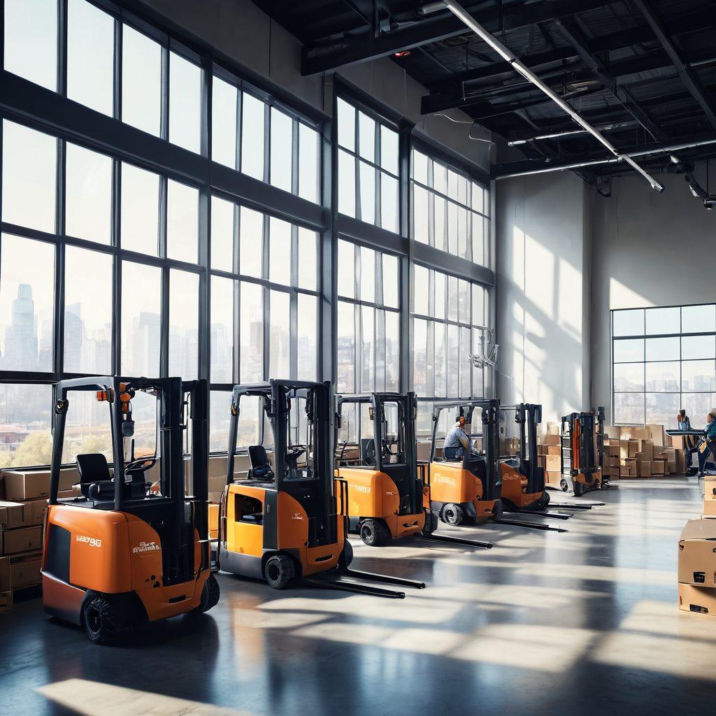 A dynamic office scene showcasing diverse professionals utilizing various lifting equipment like forklifts and pallet jacks efficiently, with graphs and charts displaying productivity metrics in the background. Bright sunlight pours through large windows, giving a sense of energy and motivation. Emphasize teamwork and modern technology within the workspace. super-realistic. vibrant colors. 3D.